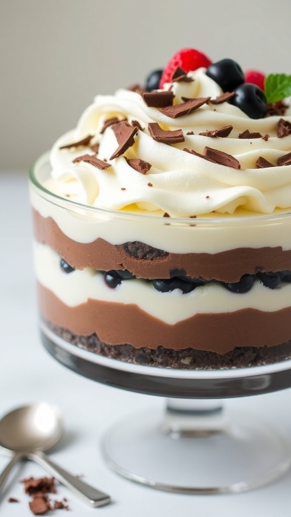 A layered low carb dessert with cheesecake, chocolate pudding, and whipped cream, garnished with chocolate shavings and berries.